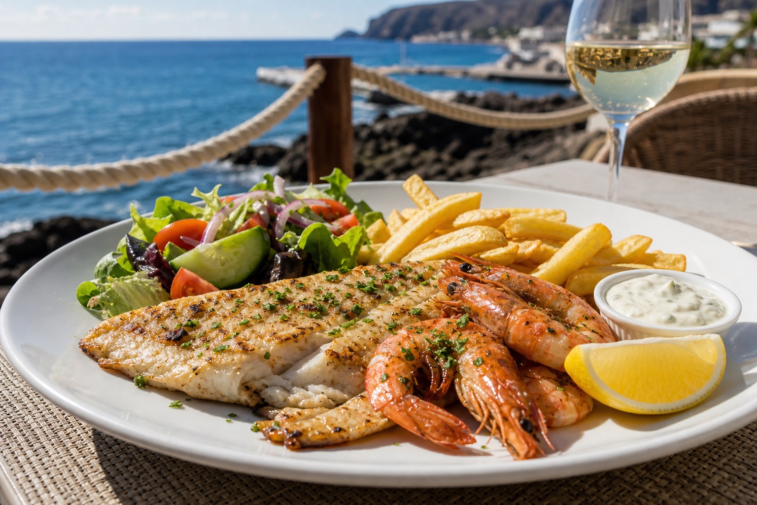 Grilled white fish with prawns, chips, lemon, salad, and a creamy sauce on a sunny coastal table.