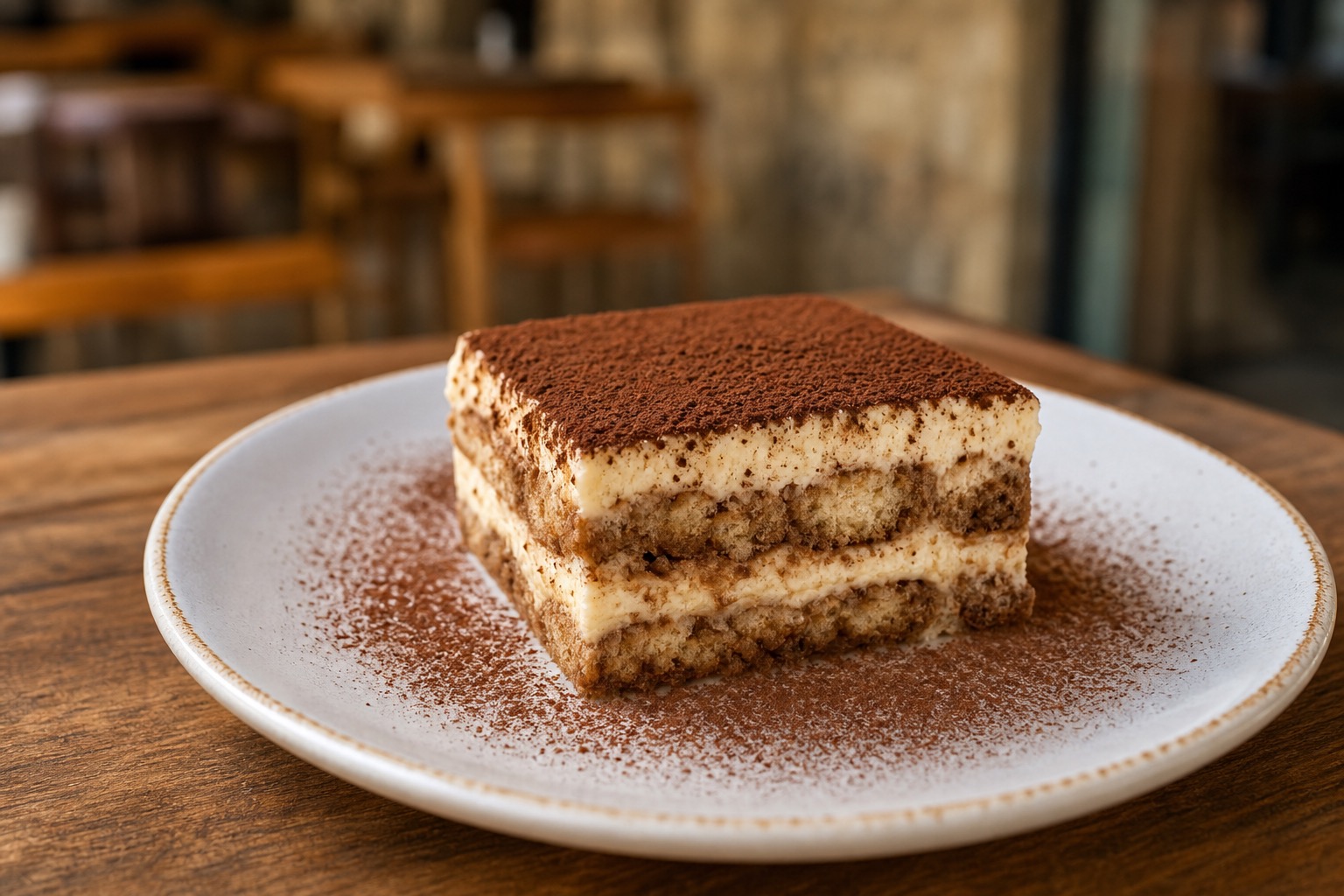 Tiramisù slice showing coffee and mascarpone layers
