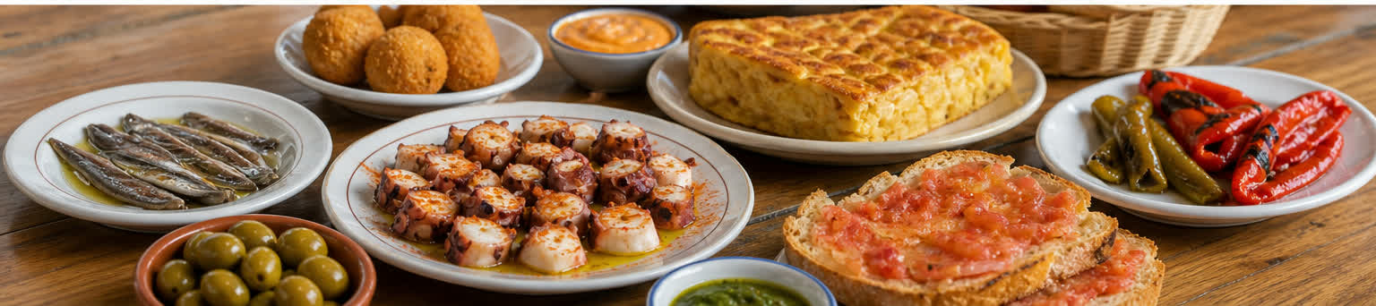 Spanish tapas with tortilla, croquetas, pulpo, anchovies, peppers, olives, and pan con tomate.