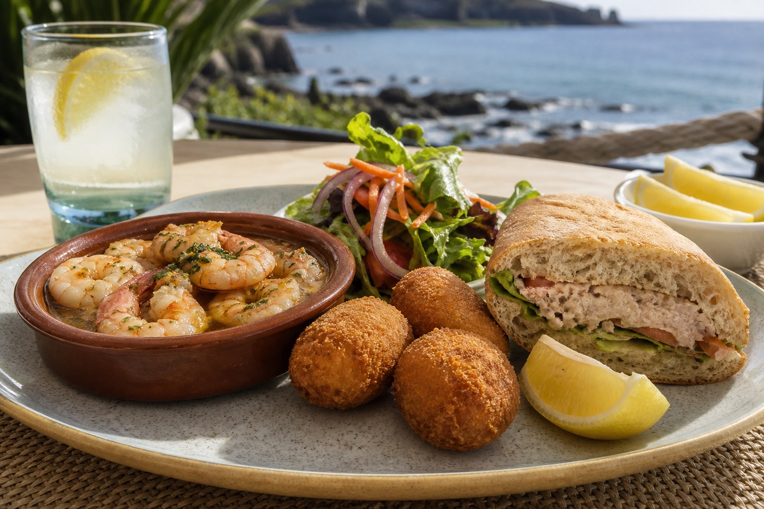 Garlic prawns, croquettes, salad, and a sandwich on a sunny coastal table.