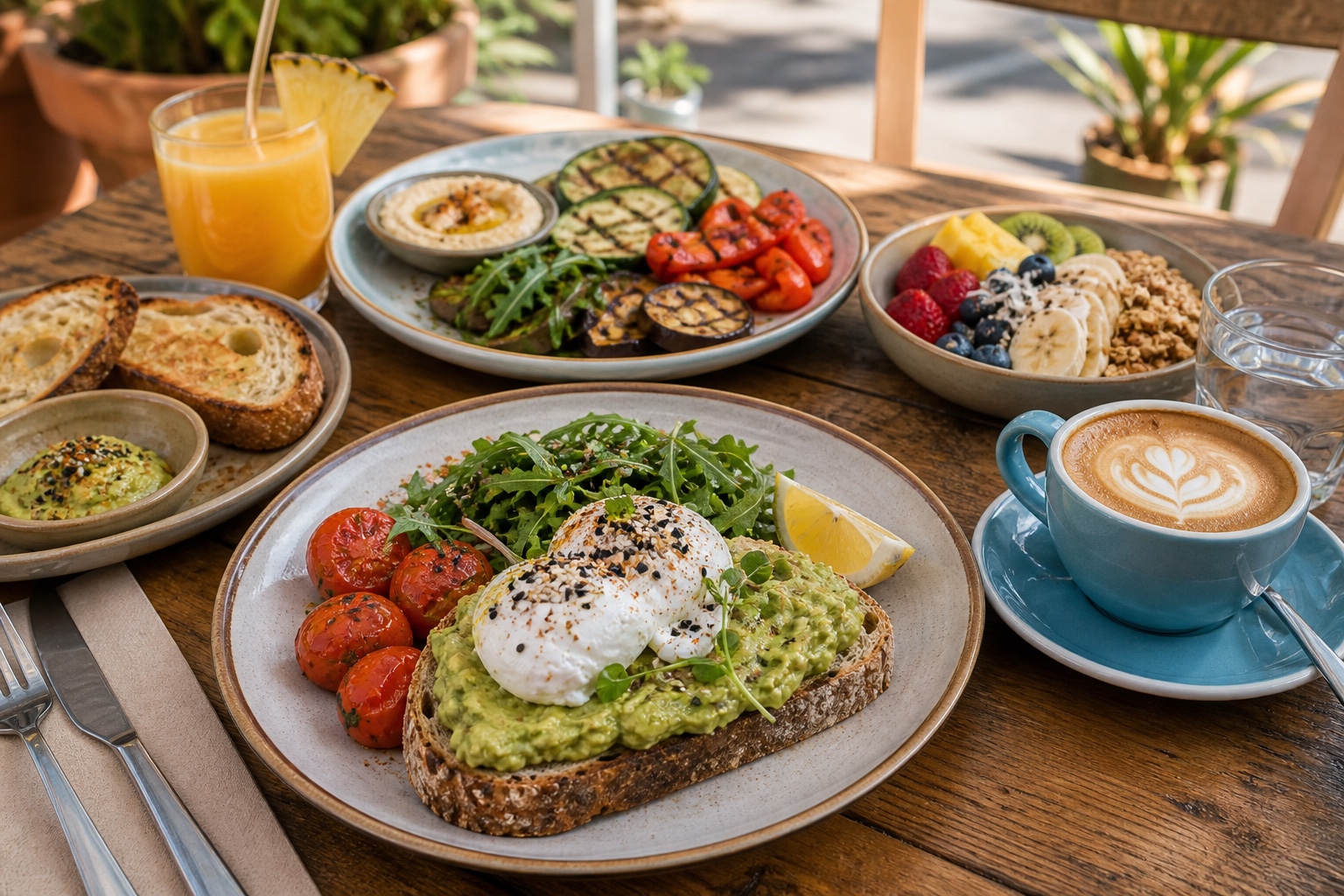 Surf-cafe brunch with eggs, avocado toast, roasted vegetables, fruit, granola, and coffee.