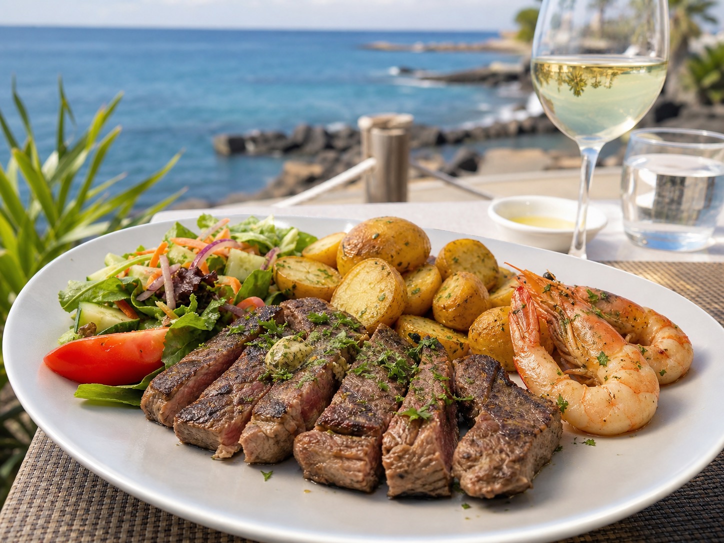 Steak slices, prawns, roasted potatoes, salad, and white wine on a sunny sea-view terrace.