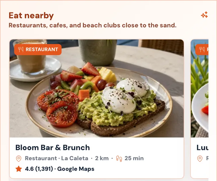 PlayaGo nearby food cards on a beach page.