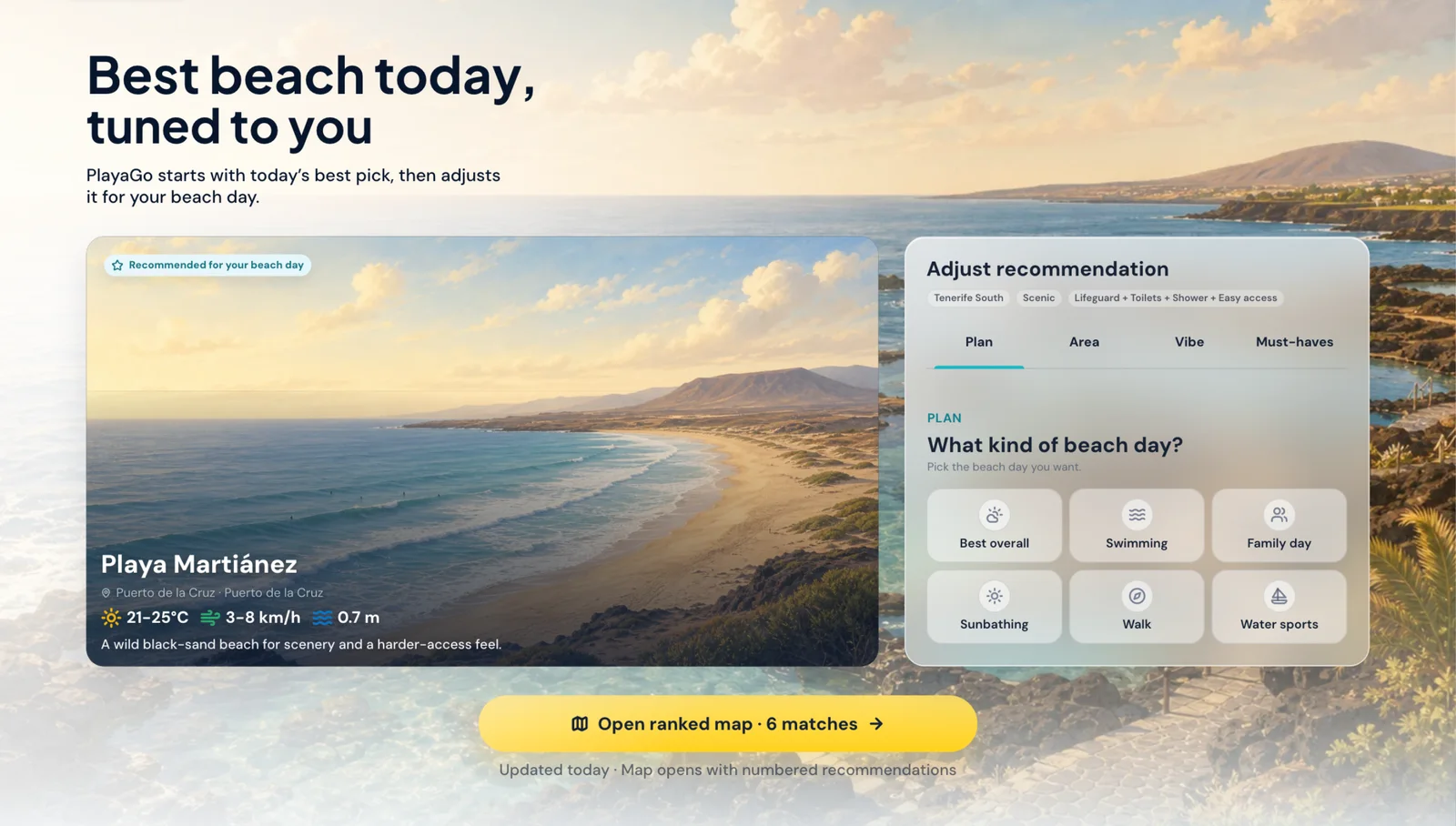 PlayaGo recommendation card with beach fit reasons.
