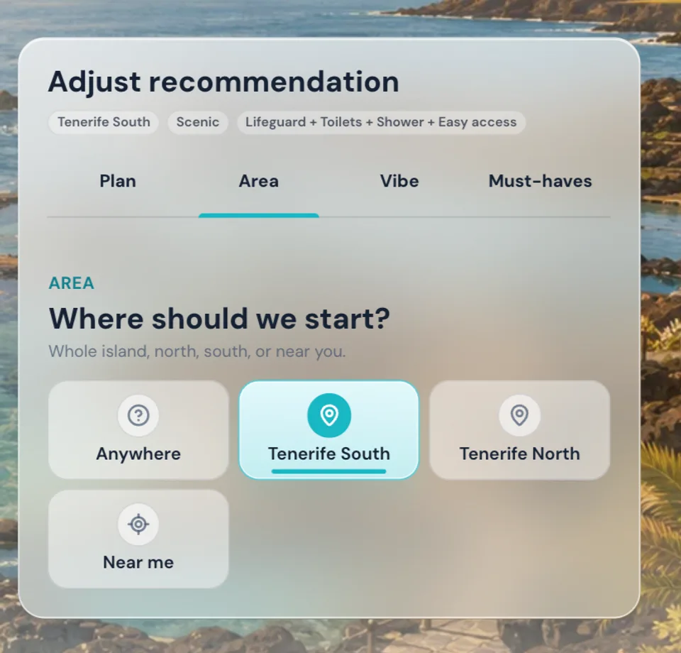 PlayaGo Area selector choices for Tenerife South, Tenerife North, and near me.