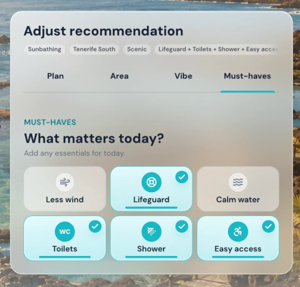 PlayaGo Must-haves selector choices for lifeguard, toilets, showers, and easy access.