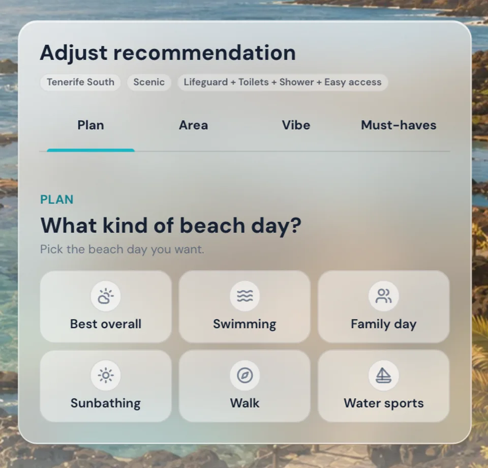 PlayaGo Plan selector choices for beach day type.