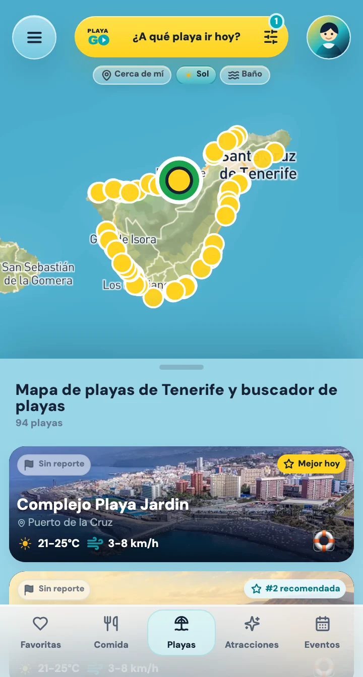 Mapa de PlayaGo con pines de playa y lista de playas ordenada.