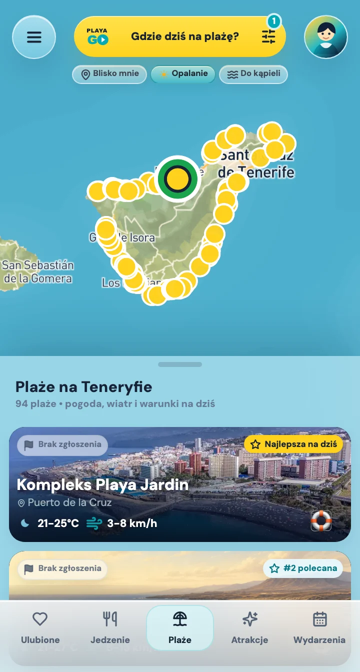 Mapa PlayaGo z pinezkami plaż i listą plaż w rankingu.