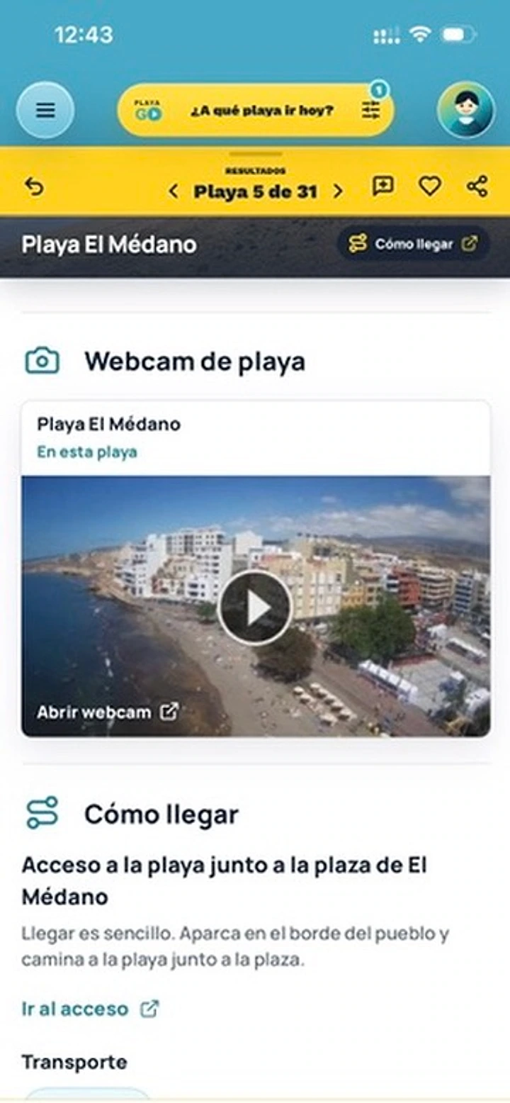 PlayaGo beach page showing the Playa El Medano webcam preview.