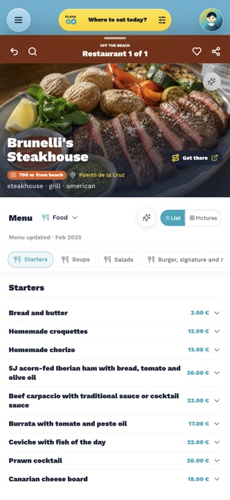 Pełny widok menu restauracji w PlayaGo z listą dań i cen.