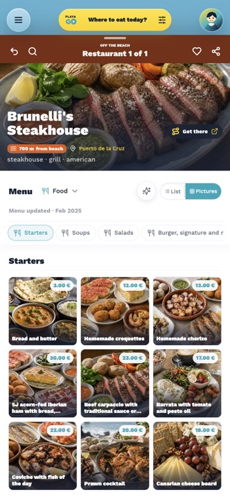 Pełny widok menu restauracji w PlayaGo z kartami zdjęć jedzenia i cenami.