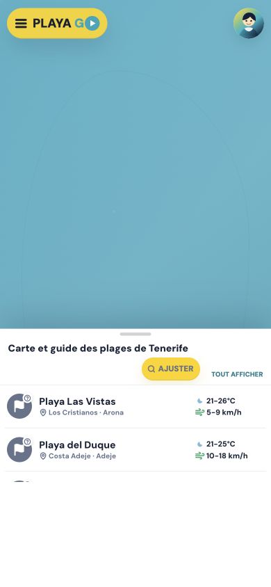 Vue mobile de la carte des plages PlayaGo en français avec des recommandations pour Tenerife.