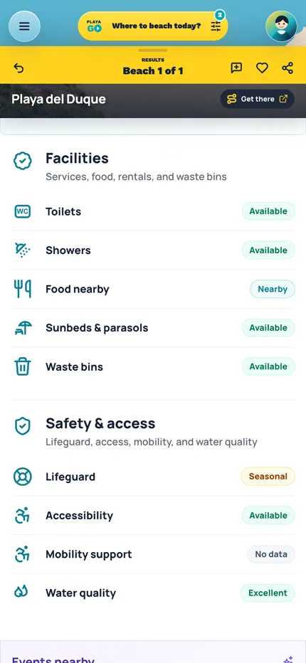PlayaGo beach profile showing facilities, lifeguard context, accessibility, and water quality.