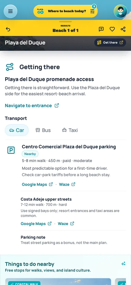 PlayaGo beach profile showing route, transport, parking, and nearby planning details.