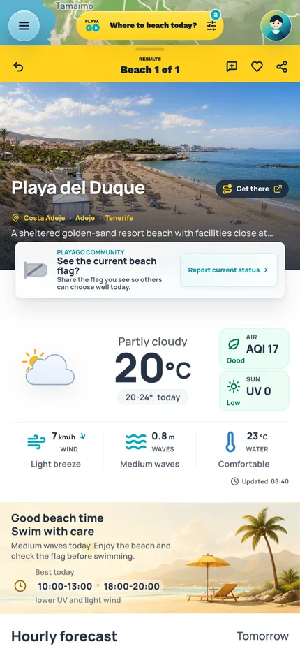 PlayaGo beach profile showing the beach verdict, current conditions, and best time window.