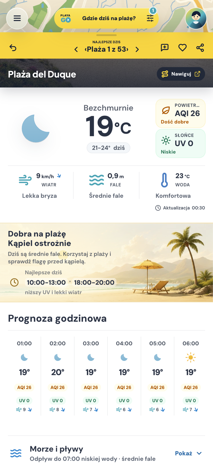 Profil plaży PlayaGo z aktualną pogodą, wiatrem, falami, temperaturą wody i najlepszą porą na plażę.